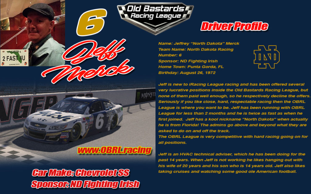 #6 Jeffery Merck is a Professional Sim Racing Driver in the Old Bastards Racing League A Premier iRacing League