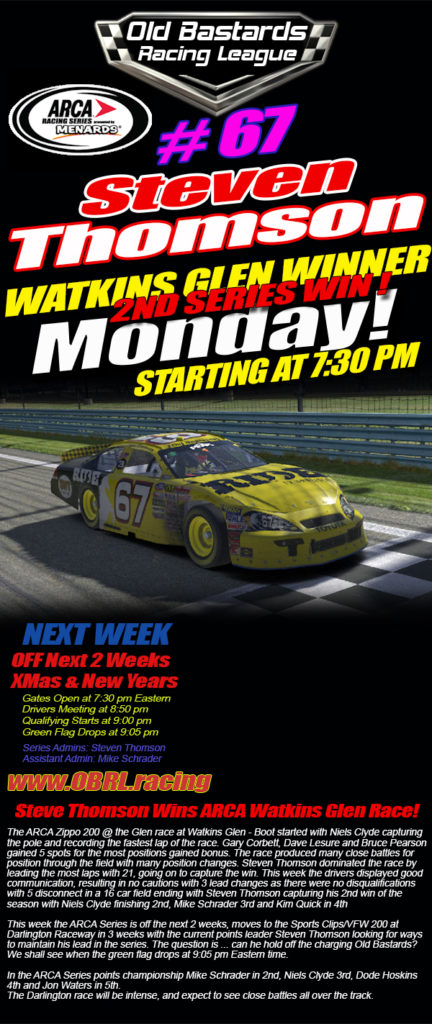 Steve Thomson Wins First Road Course Win at Watkins Glen in the #67 Ride TV Camry