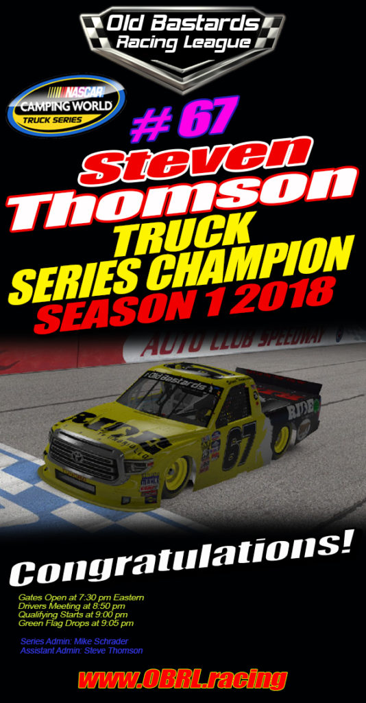 Steve Thomson No. 67 Ride TV Racing Nascar iRacing Truck Series Champion