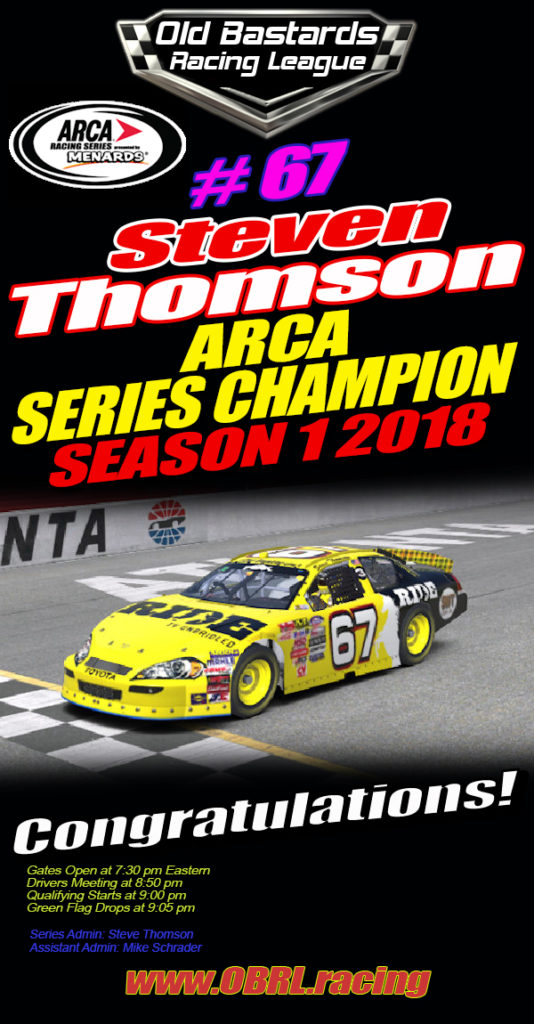Steve Thomson Ride TV Racing Nascar iRacing Natinal Series Champion