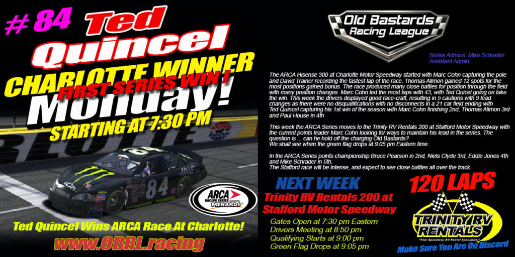 Old Bastard Chef Ted Quincel Wins ARCA Charlotte Motor Speedway Race