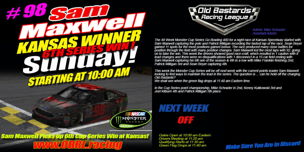 Sam Maxwell Customs Sponsored Nascar iRacing Monster Cup Wins Kansas Speedway Race