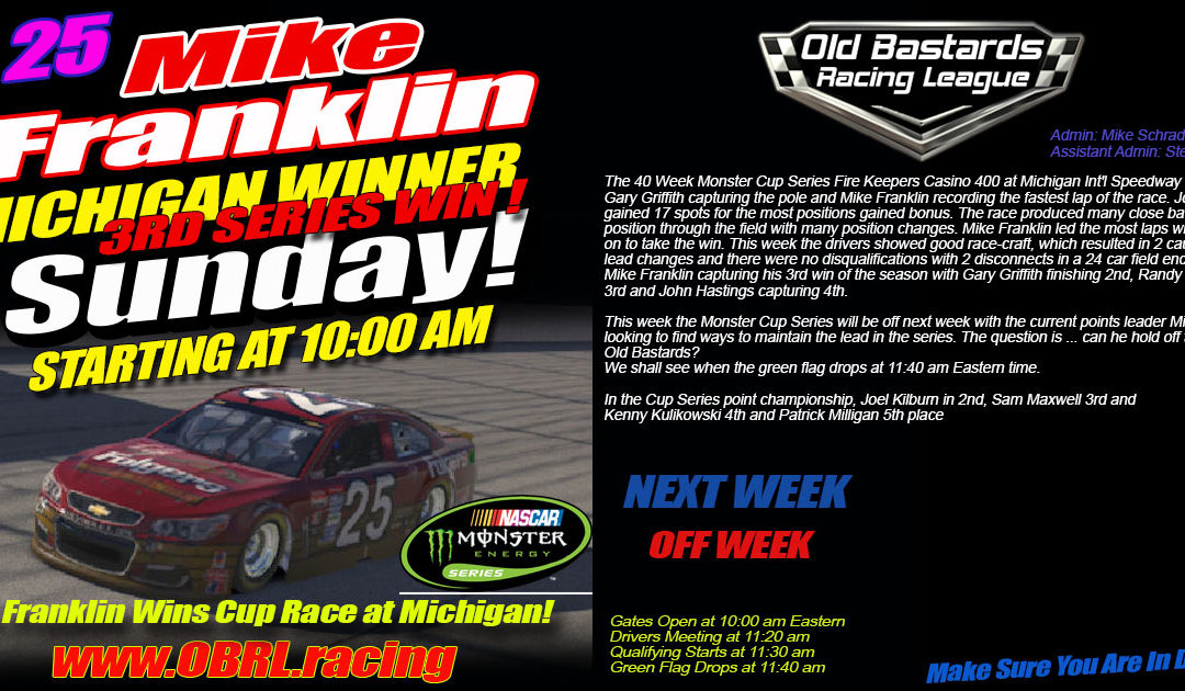 Mike Franklin Wins 3rd iRacing Nascar Cup Series With a Huge Win at Michigan!