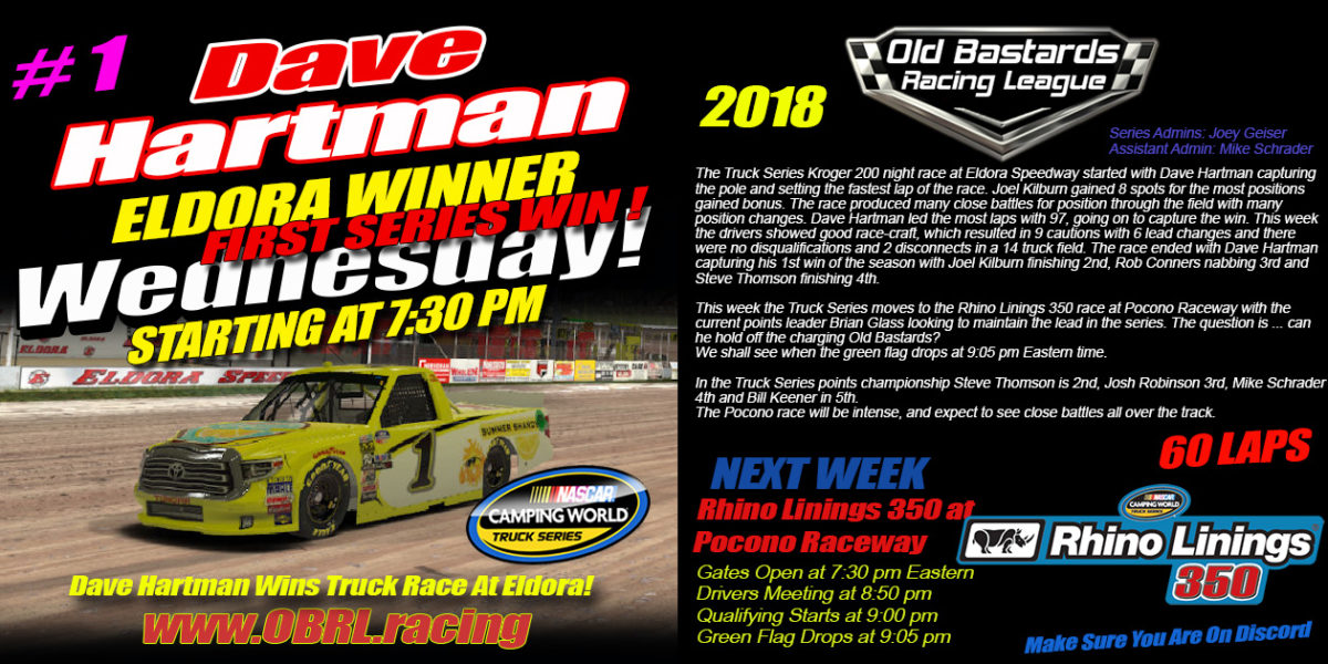Dave Hartman #1 Spanks Joel Kilburn in the #40 Coors Light Chevy to win the Dirt Race at Eldora Speedway in the Nascar iRacing Camping World Truck Series Race