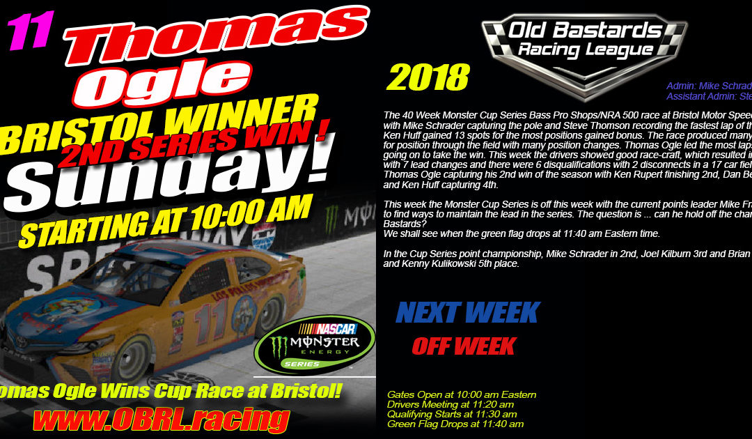 🏁Thomas Ogle #11 Wins iRacing Nascar Monster Energy Cup Race at Bristol Motor Speedway!