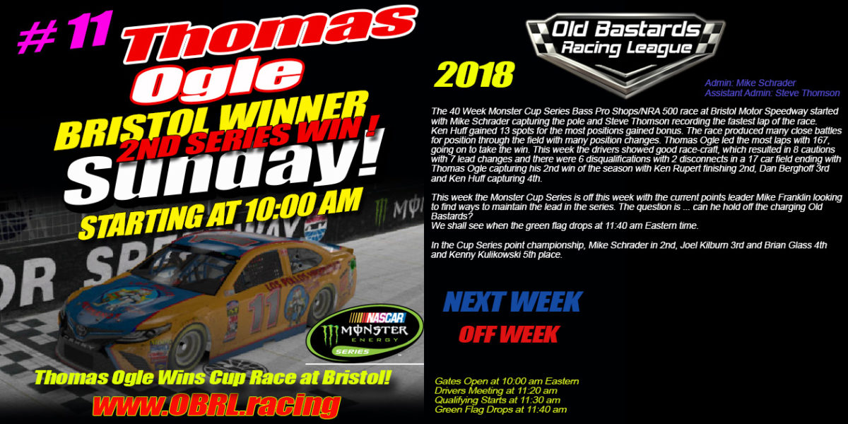 🏁Thomas Ogle #11 Wins iRacing Nascar Monster Energy Cup Race at Bristol!