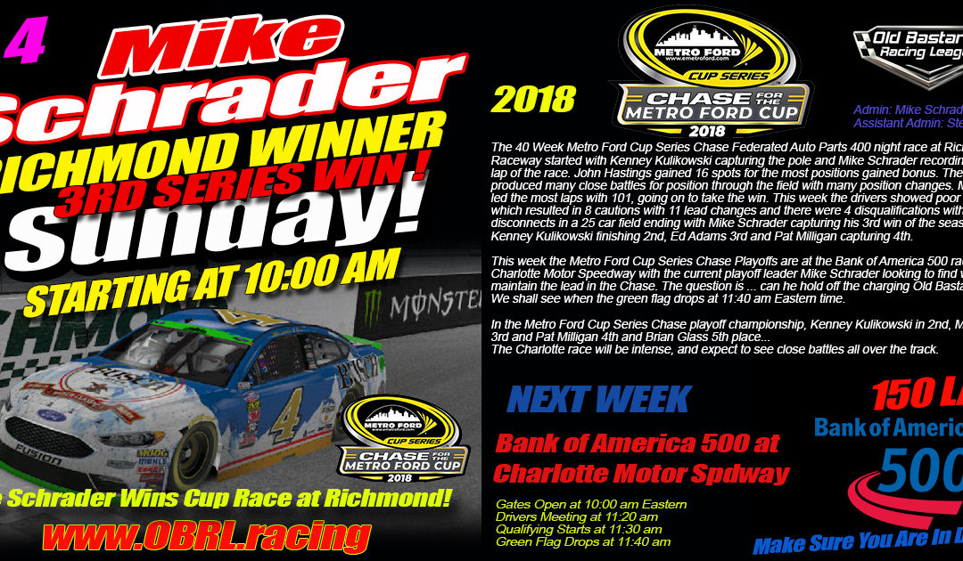 🏁Mike Schrader #4 Wins Kim Bowl Chase For The Cup Race At Richmond Raceway!
