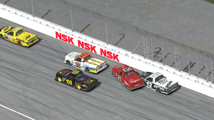  Lap 13 and our first caution where #25 Mike Franklin comes off turn 2 hard and checks up to not hit the #109 Shane Norton on the low line. #25 Mike Franklin jerks the truck to the right hitting #12 Kevin Rupert and the wall. 