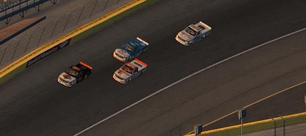 As they go into turn 3 the #16 of Tony “Cyber” Romack holds the #50 Michael Hensley down while the #4 Mike Schrader comes up on the bumper of #16 Tony “Cyber” Romack and they both gobble up the #50 Michael Hensley