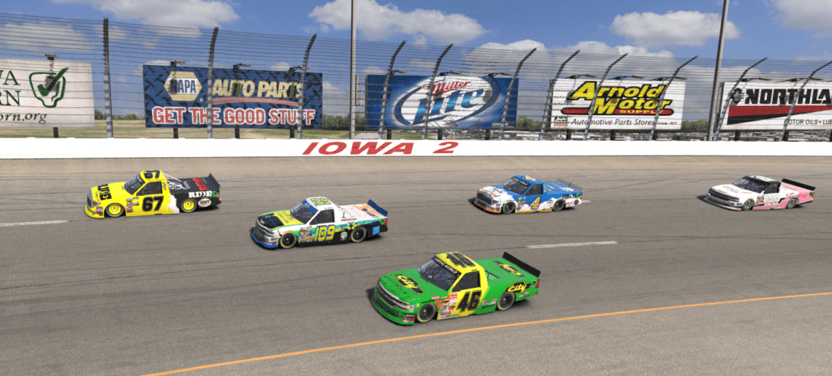 Lap 24 a great battle is forming for position 9 with #67 Steve “Mule” Thomson, #109 Bryce Whitson Jr., and #46 Ken Huff