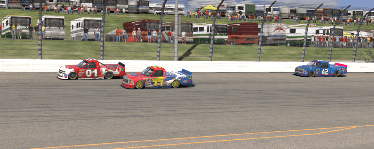 Lap 59 coming off turn 2 #77 Vernon Margheim in position 22 sets up a pass on #01 Rob Connors down the back straight.