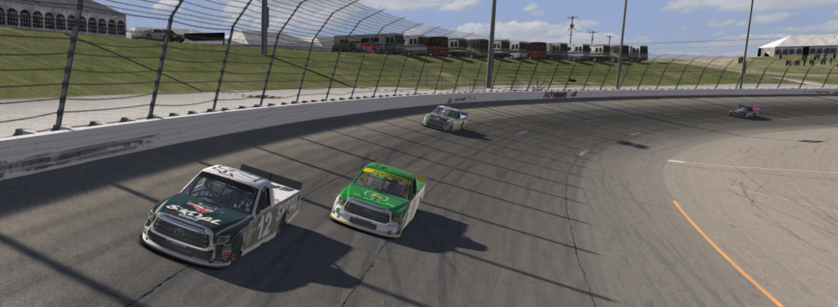 Lap 119 #110 Zack Calloway mounts a charge to overturn #12 Kevin Rupert driving it hard into turn 3