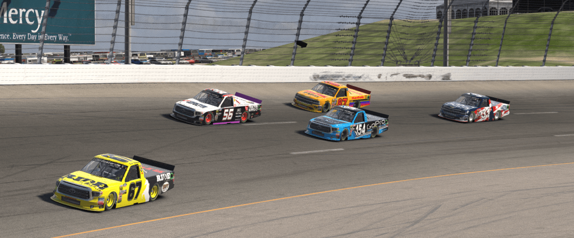 #67 Steve “Mule” Thomson in position 10 with fresh tires pulls away and leaves the boys to fight for 11th. 