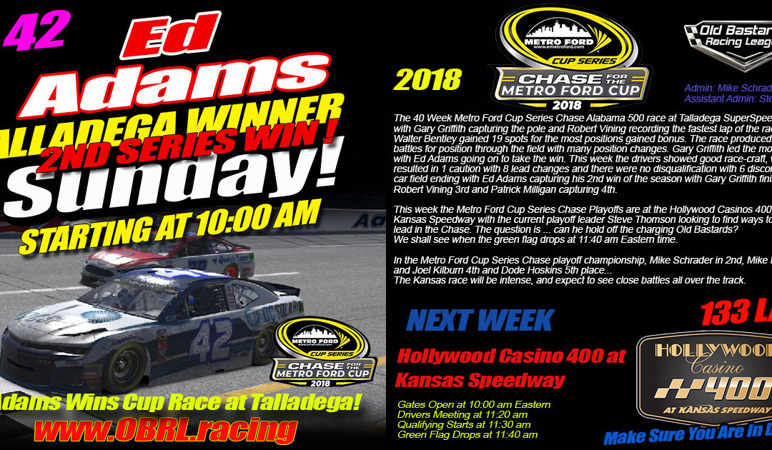 🏁Ed Adams #42 Wins 2nd Nascar Kim Bowl Chase For The Cup 2nd Round of 12 Race At Talladega!