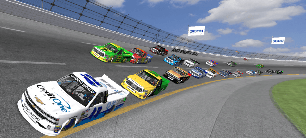Lap 40 brings 2 packs together as the drivers go three wide going into turn 1.