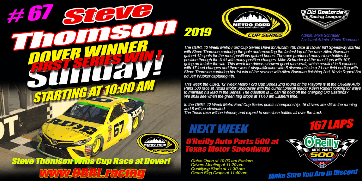 Steve Thomson #67 Ride TV Wins eNascar Metro Ford Cup Race at Dover Int'l Speedway!