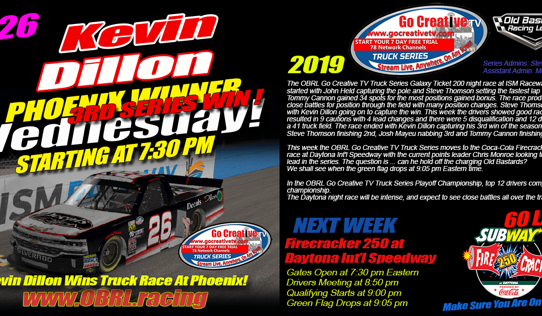 🏁Kevin Dillon #26 Decals by Dillon Wins eNascar Go Creative Streaming TV Truck Series Race at ISM!