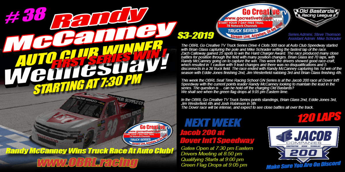 Randy McCanney #38 Wins Go Creative TV Truck Race at Auto Club!